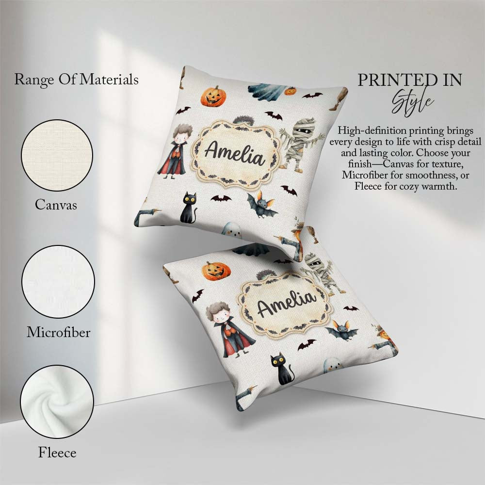 Custom Name Halloween Zombie Mummy and Bat Characters Light Grey Square Filled Cushion Throw Pillow Sofa Bed Home Decor Zip Washable UK Made