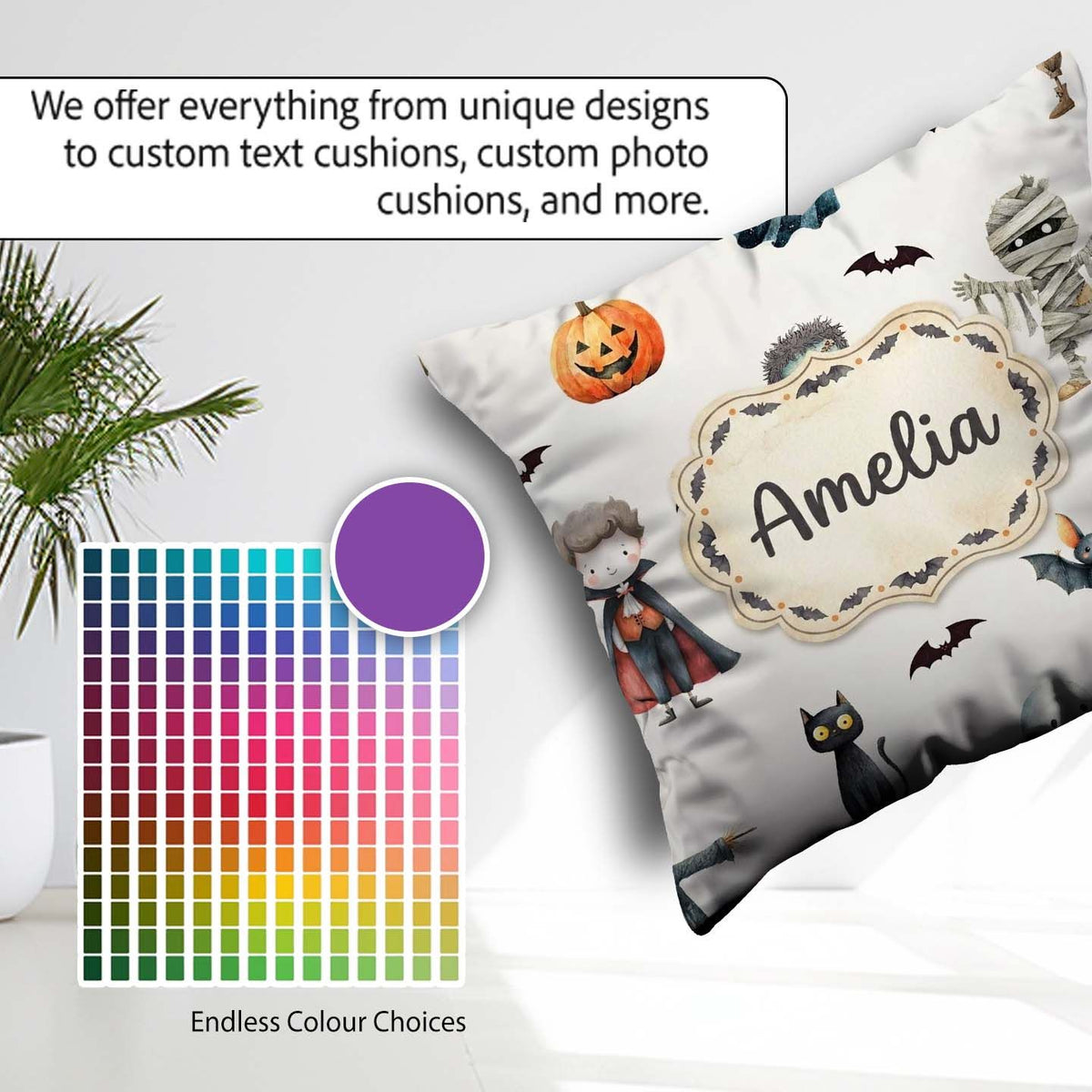 Custom Name Halloween Zombie Mummy and Bat Characters Light Grey Square Filled Cushion Throw Pillow Sofa Bed Home Decor Zip Washable UK Made