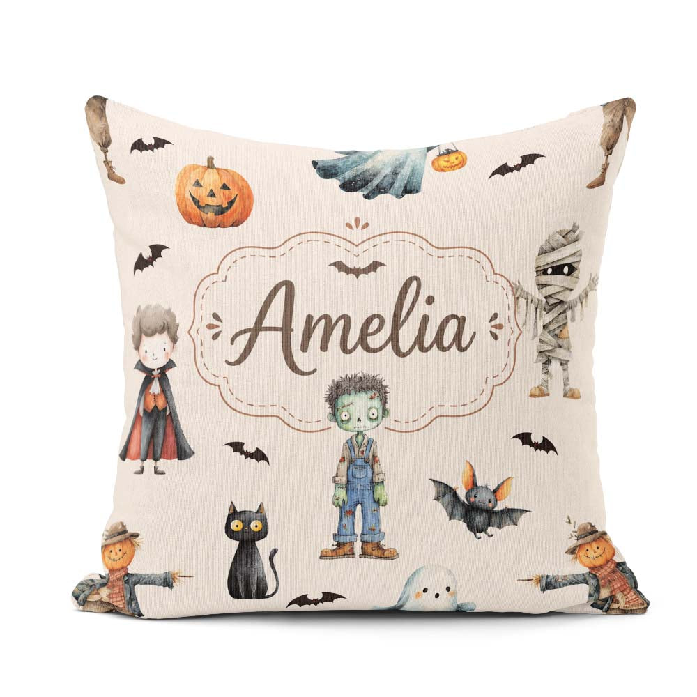 Custom Name Halloween Zombie Mummy and Bat Characters Background Square Filled Cushion Throw Pillow Sofa Bed Home Decor Zip Washable UK Made