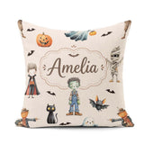 Custom Name Halloween Zombie Mummy and Bat Characters Background Square Filled Cushion Throw Pillow Sofa Bed Home Decor Zip Washable UK Made