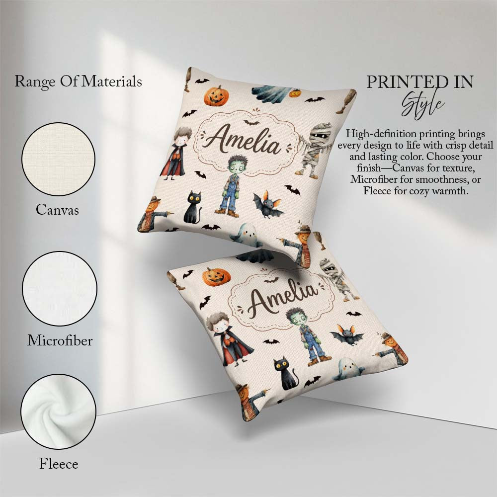 Custom Name Halloween Zombie Mummy and Bat Characters Background Square Filled Cushion Throw Pillow Sofa Bed Home Decor Zip Washable UK Made