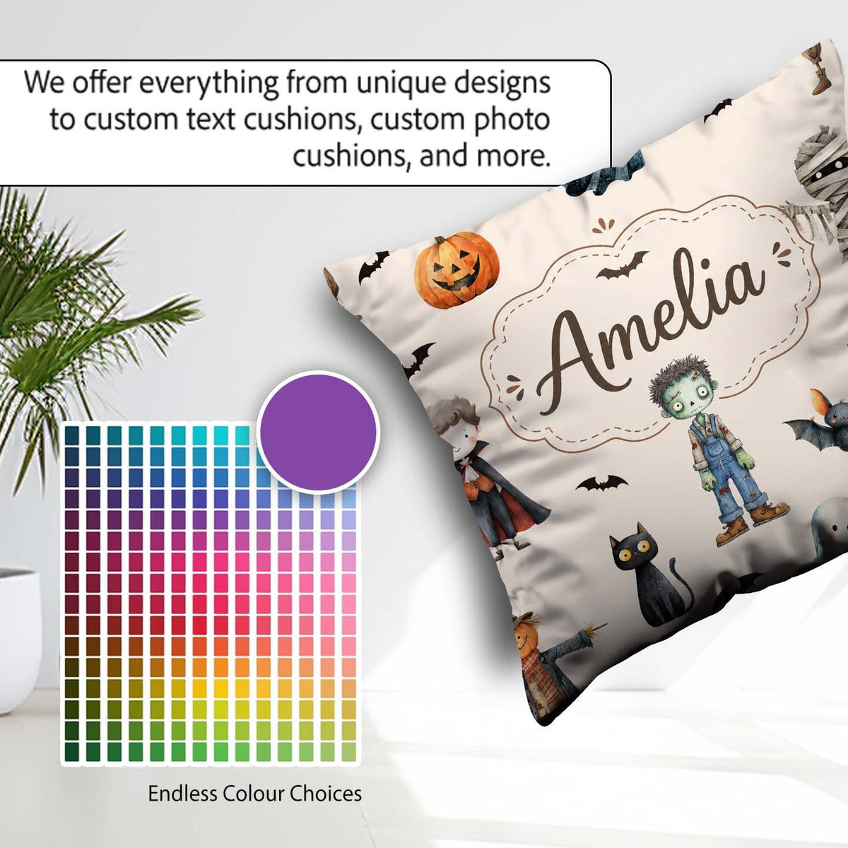 Custom Name Halloween Zombie Mummy and Bat Characters Background Square Filled Cushion Throw Pillow Sofa Bed Home Decor Zip Washable UK Made