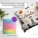 Custom Name Halloween Zombie Mummy and Bat Characters Background Square Filled Cushion Throw Pillow Sofa Bed Home Decor Zip Washable UK Made
