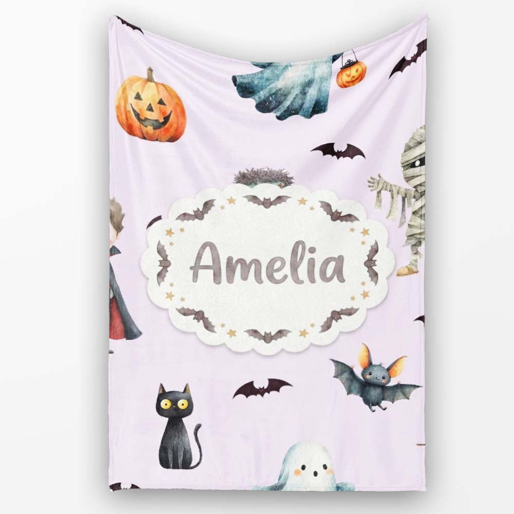 Halloween Zombie Mummy Vampire and Bat Characters Purple Background  Personalised Custom Name Super Soft Fleece Blanket Bed Sofa Throw