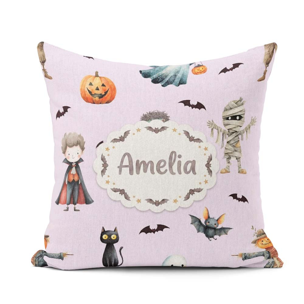 Custom Name Halloween Zombie Mummy Vampire and Characters Purple Square Filled Cushion Throw Pillow Sofa Bed Home Decor Zip Washable UK Made