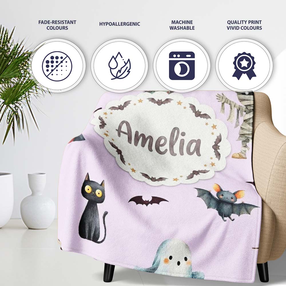Halloween Zombie Mummy Vampire and Bat Characters Purple Background  Personalised Custom Name Super Soft Fleece Blanket Bed Sofa Throw