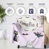 Halloween Zombie Mummy Vampire and Bat Characters Purple Background  Personalised Custom Name Super Soft Fleece Blanket Bed Sofa Throw
