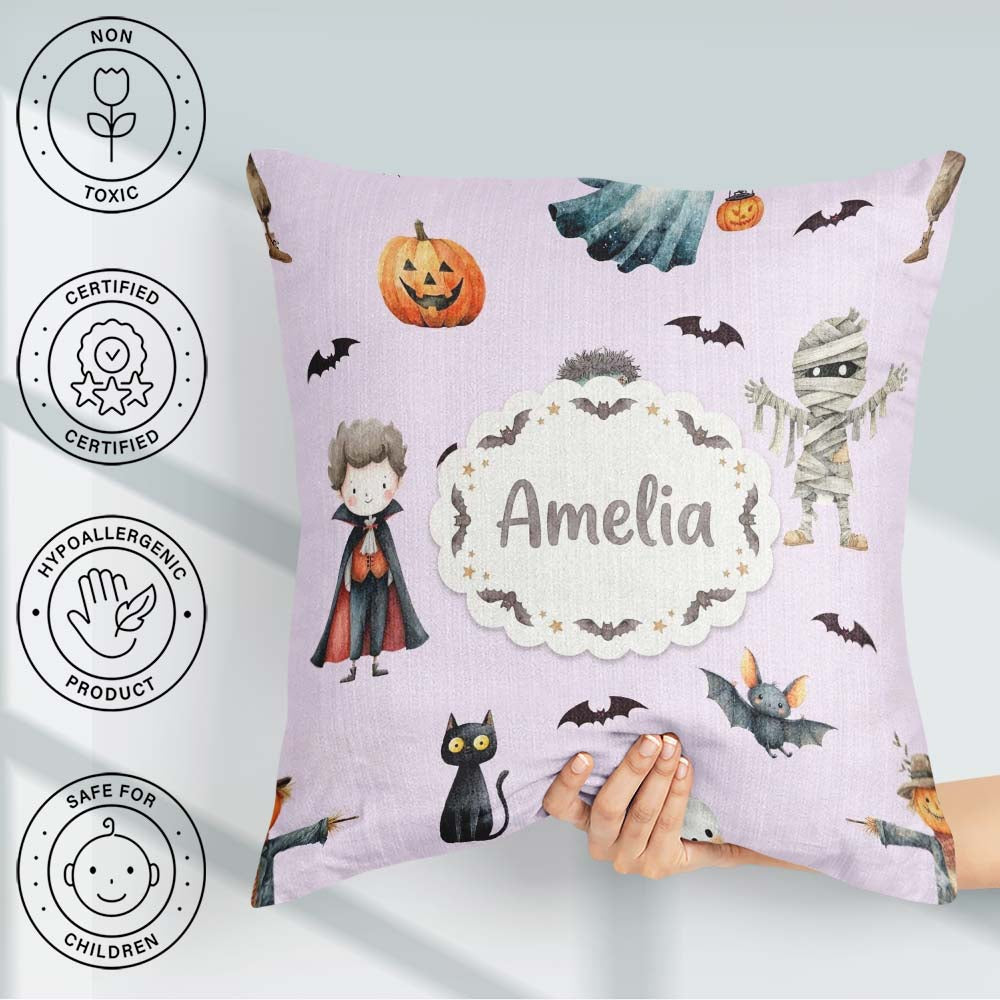 Custom Name Halloween Zombie Mummy Vampire and Characters Purple Square Filled Cushion Throw Pillow Sofa Bed Home Decor Zip Washable UK Made