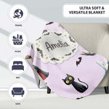 Halloween Zombie Mummy Vampire and Bat Characters Purple Background  Personalised Custom Name Super Soft Fleece Blanket Bed Sofa Throw