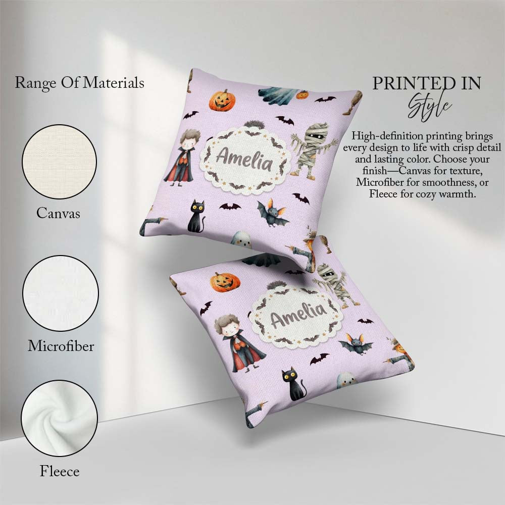 Custom Name Halloween Zombie Mummy Vampire and Characters Purple Square Filled Cushion Throw Pillow Sofa Bed Home Decor Zip Washable UK Made