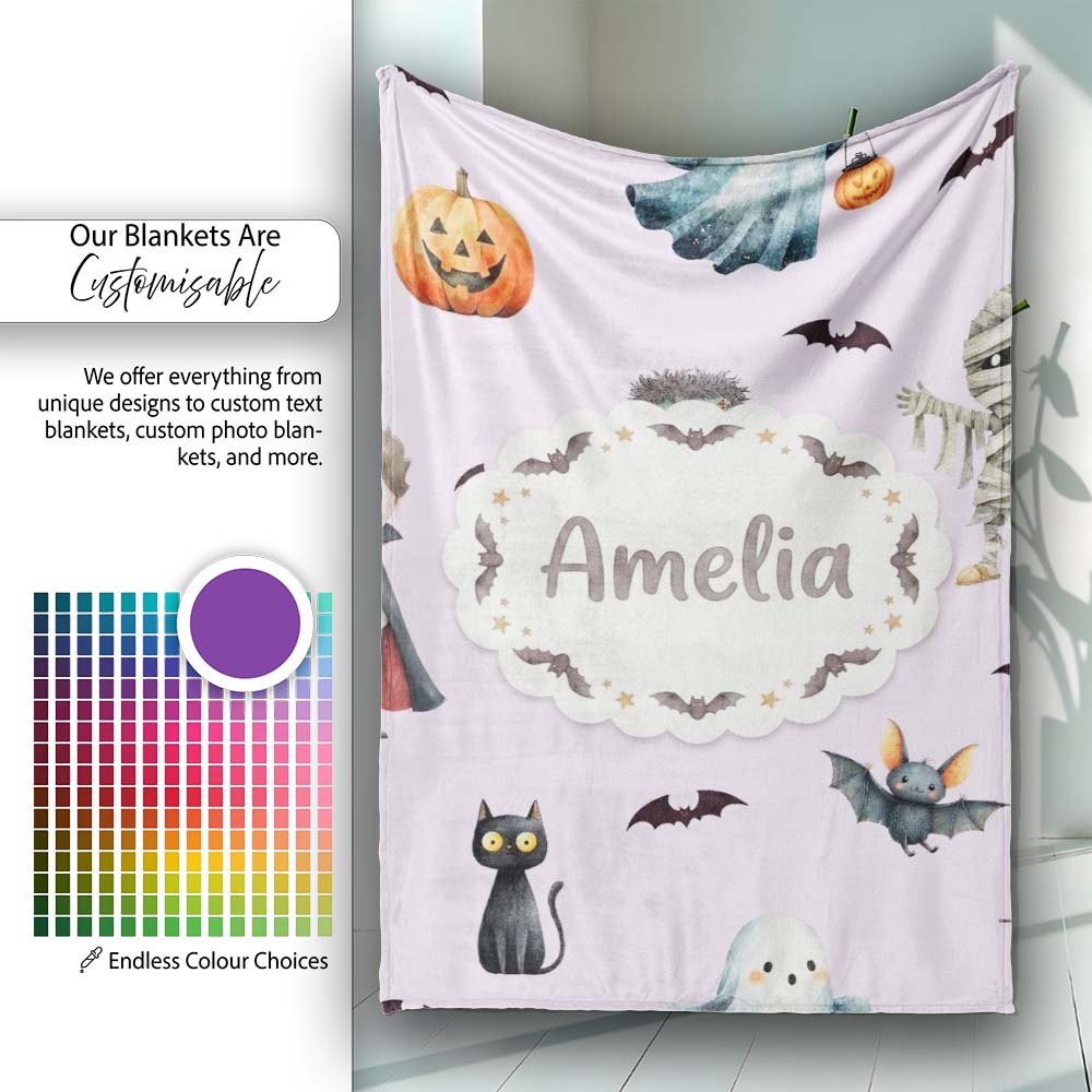 Halloween Zombie Mummy Vampire and Bat Characters Purple Background  Personalised Custom Name Super Soft Fleece Blanket Bed Sofa Throw