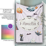 Halloween Zombie Mummy Vampire and Bat Characters Purple Background  Personalised Custom Name Super Soft Fleece Blanket Bed Sofa Throw