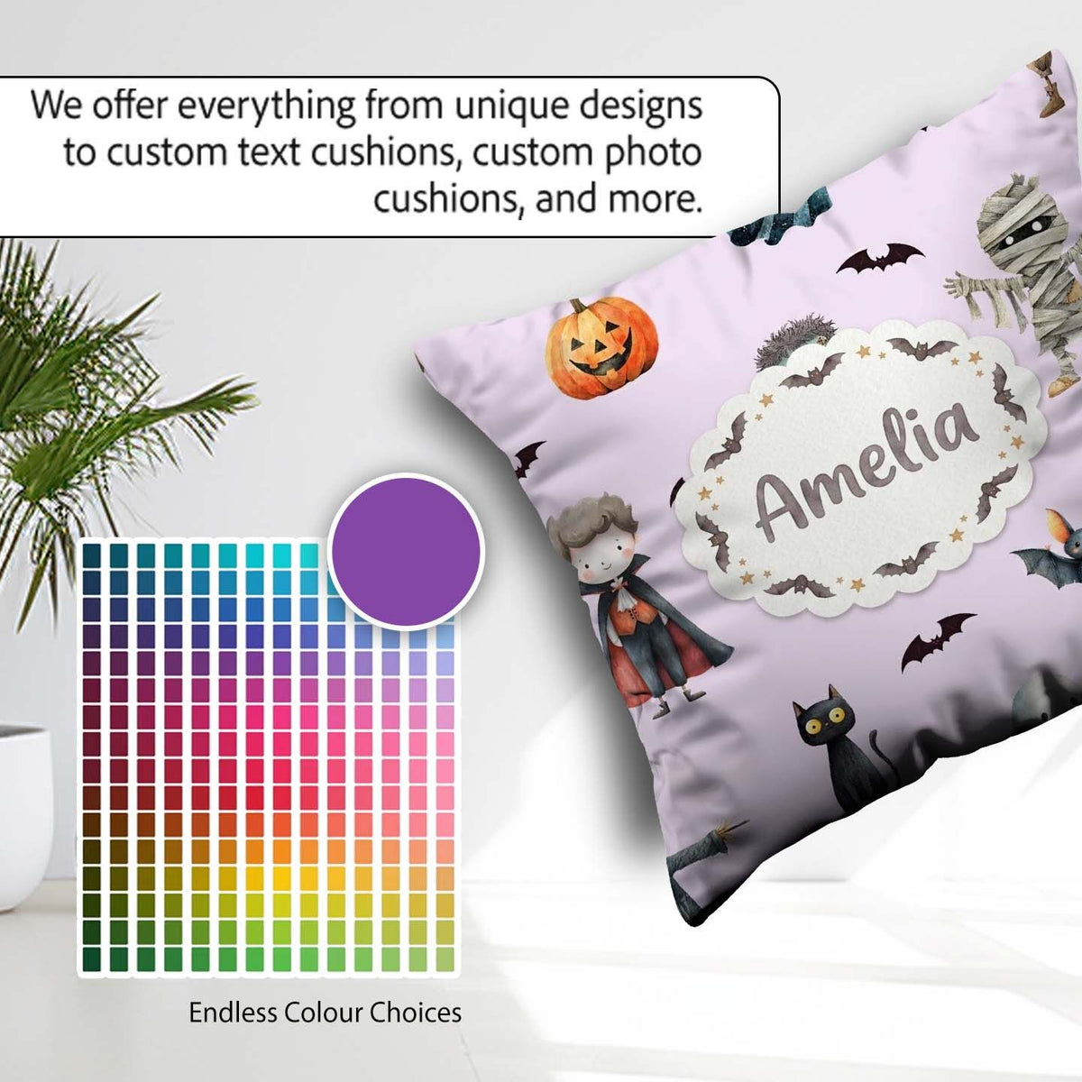 Custom Name Halloween Zombie Mummy Vampire and Characters Purple Square Filled Cushion Throw Pillow Sofa Bed Home Decor Zip Washable UK Made