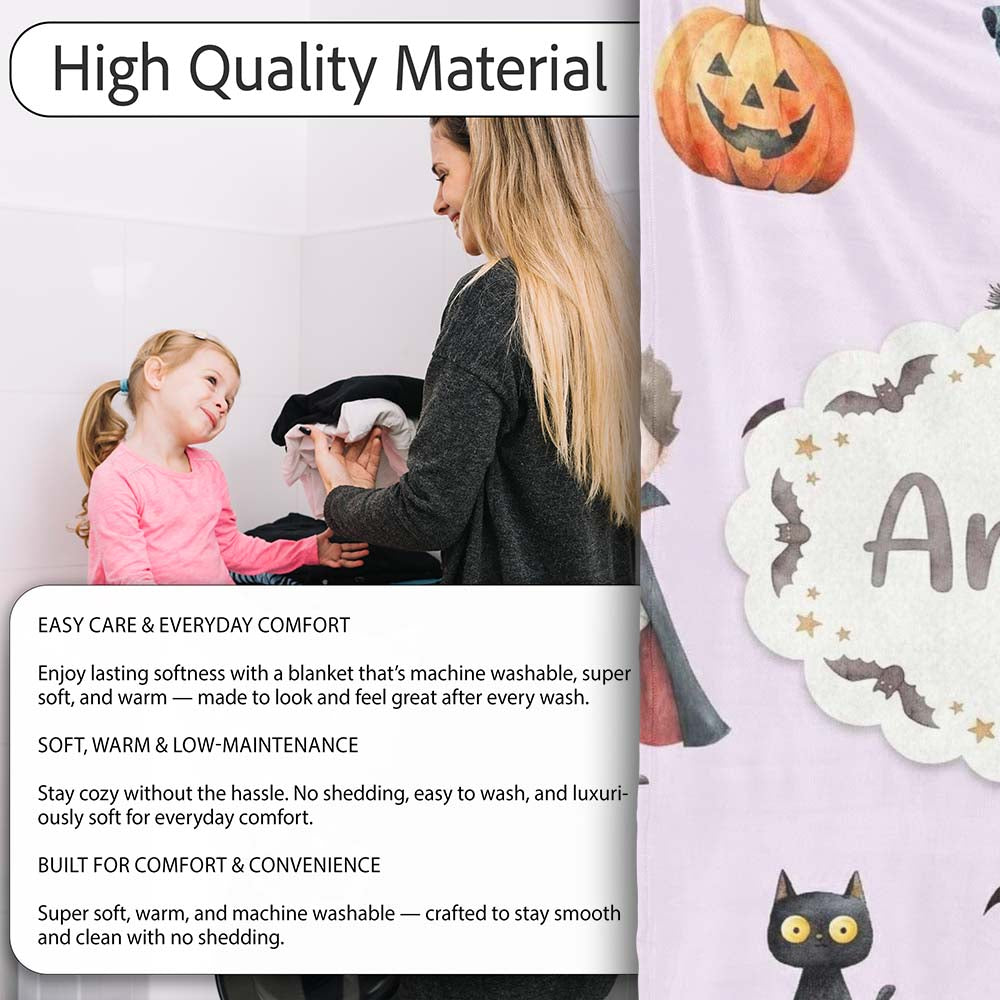 Halloween Zombie Mummy Vampire and Bat Characters Purple Background  Personalised Custom Name Super Soft Fleece Blanket Bed Sofa Throw