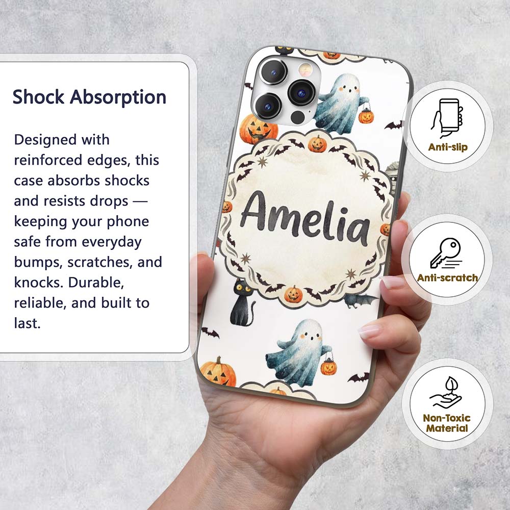 Halloween Zombie Mummy Vampire and Bat Characters Custom Name Protective Phone Case Mobile Cover Durable Everyday Smartphone Shock Resistant