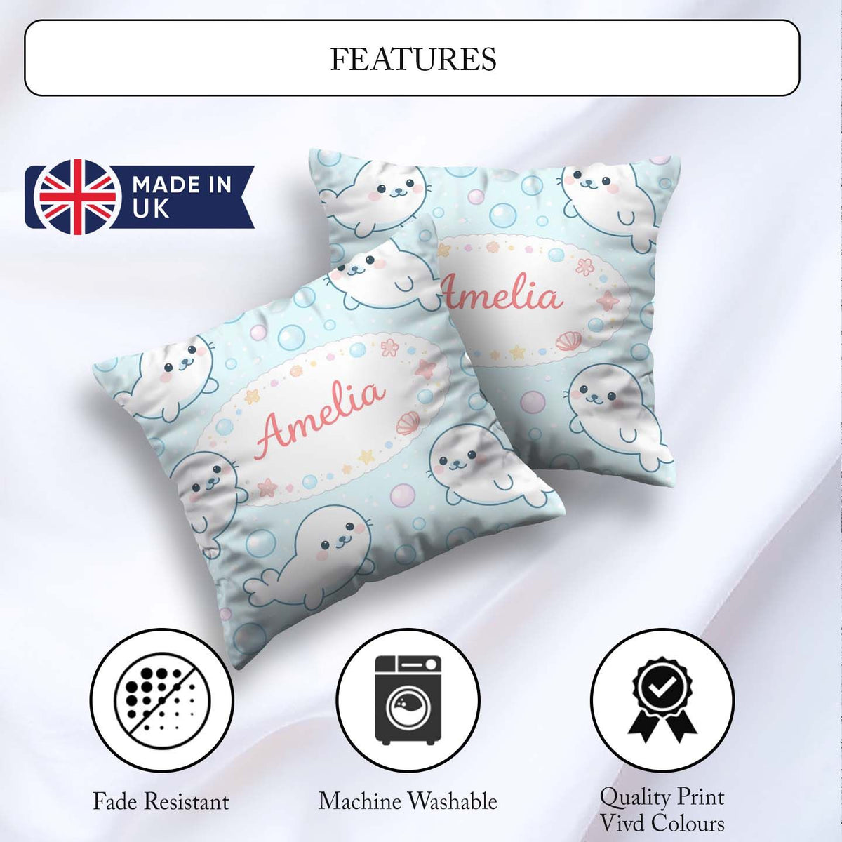 Custom Name Kawaii Seal Cartoon Animal Ocean Pattern Everyday Square Filled Cushion Throw Pillow Sofa Bed Home Decor Zip Washable UK Made