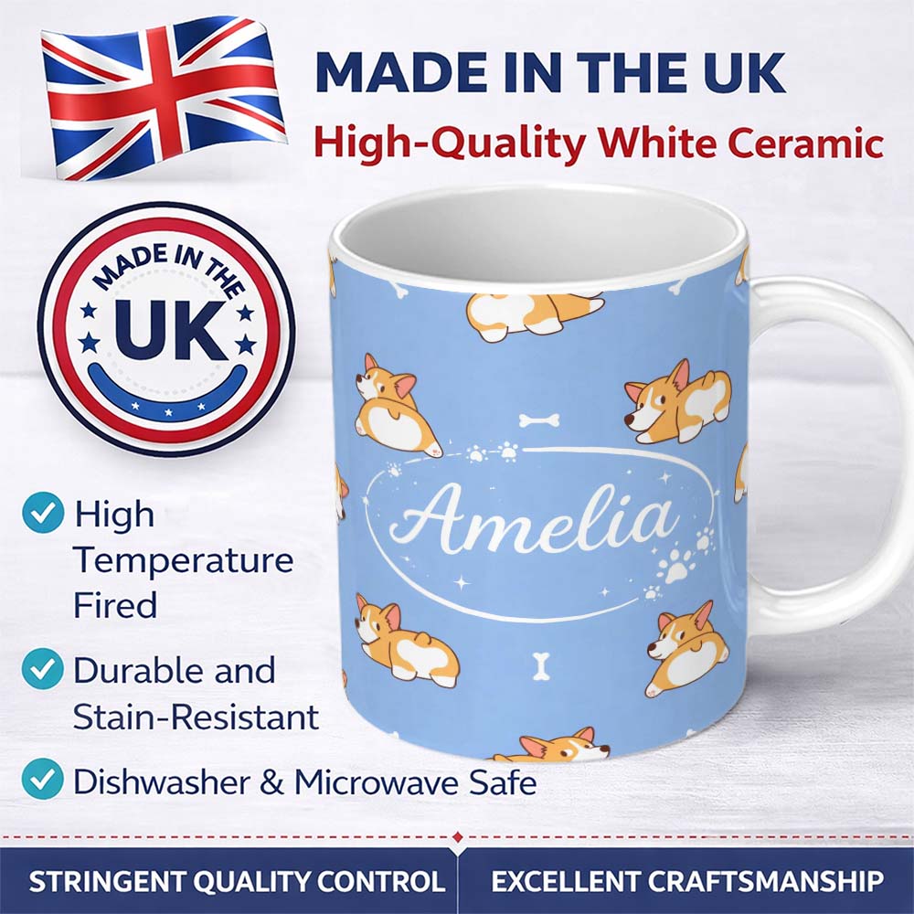 Personalized Custom Name Cute Cartoon Corgi Dogs Bone Blue Background Seamless Pattern Lovely 11oz Ceramic Coffee Tea Mug White Large Handle
