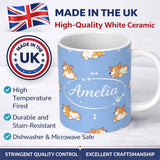 Personalized Custom Name Cute Cartoon Corgi Dogs Bone Blue Background Seamless Pattern Lovely 11oz Ceramic Coffee Tea Mug White Large Handle