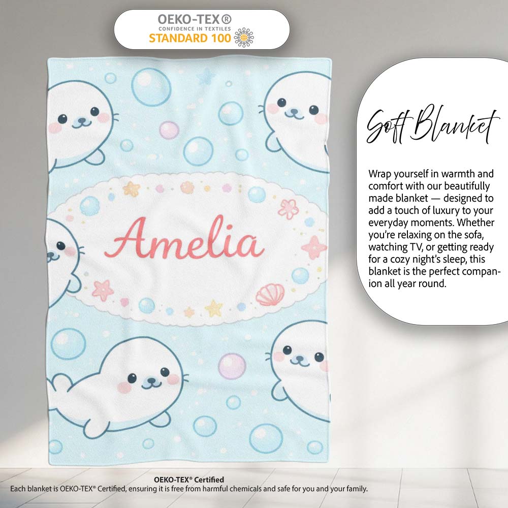 Cute Kawaii Seal Cartoon Animal Ocean Pattern Stylish Everyday   Personalised Custom Name Super Soft Fleece Blanket Bed Sofa Throw