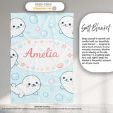 Cute Kawaii Seal Cartoon Animal Ocean Pattern Stylish Everyday   Personalised Custom Name Super Soft Fleece Blanket Bed Sofa Throw
