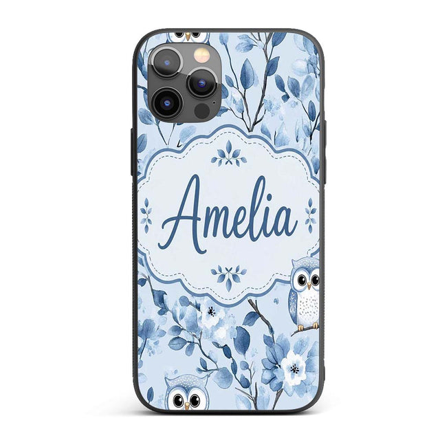 Cute Blue Owl Birds with Floral Branch Background Custom Name Protective Phone Case Mobile Cover Durable Everyday Smartphone Shock Resistant