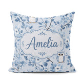Custom Name Blue Owl Birds with Floral Branch Background Pattern Square Filled Cushion Throw Pillow Sofa Bed Home Decor Zip Washable UK Made