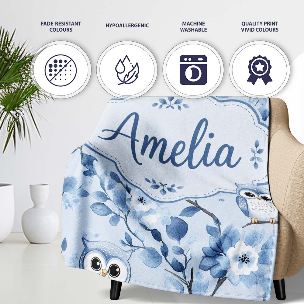 Cute Blue Owl Birds with Floral Branch Background Seamless Pattern  Personalised Custom Name Super Soft Fleece Blanket Bed Sofa Throw