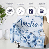 Cute Blue Owl Birds with Floral Branch Background Seamless Pattern  Personalised Custom Name Super Soft Fleece Blanket Bed Sofa Throw