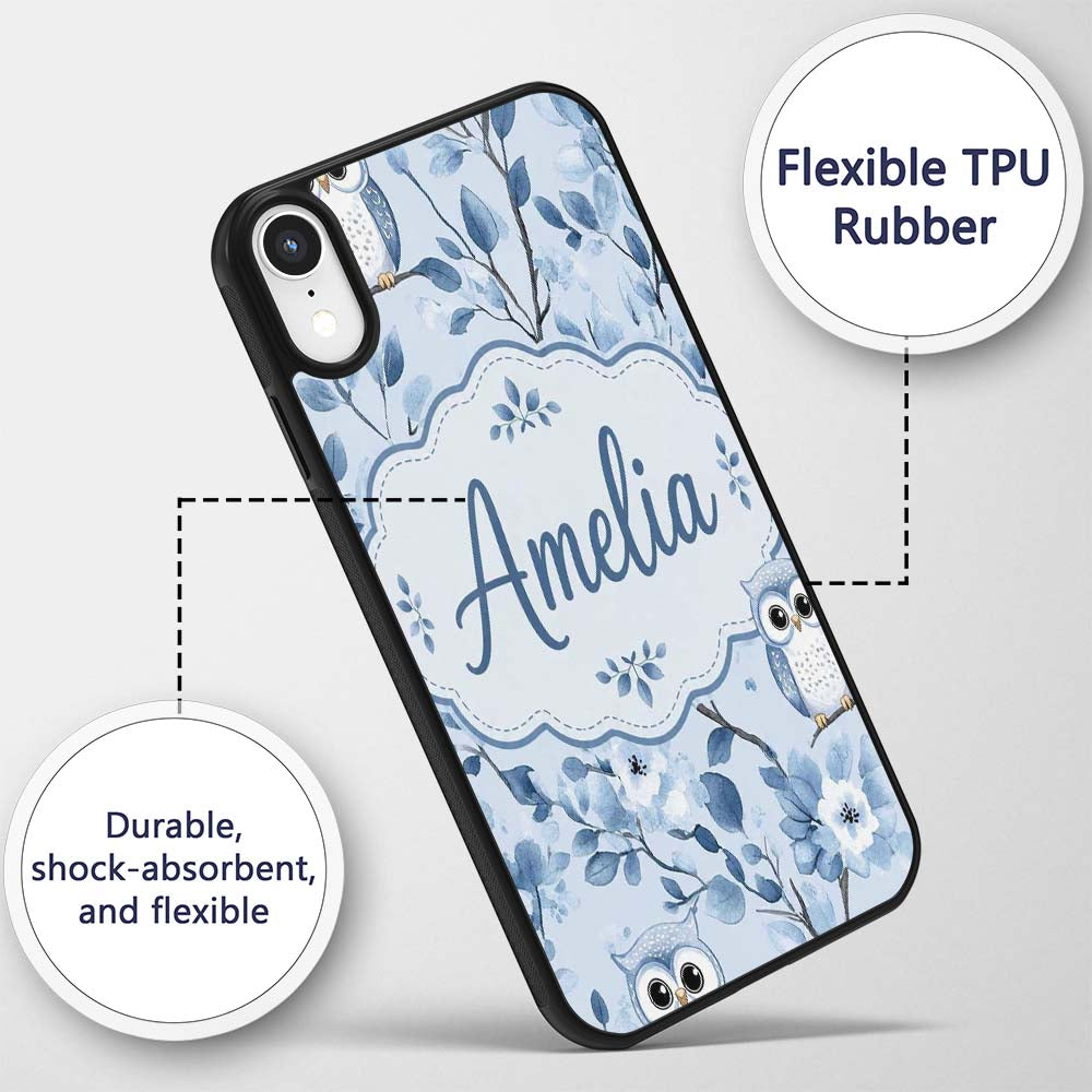 Cute Blue Owl Birds with Floral Branch Background Custom Name Protective Phone Case Mobile Cover Durable Everyday Smartphone Shock Resistant
