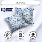 Custom Name Blue Owl Birds with Floral Branch Background Pattern Square Filled Cushion Throw Pillow Sofa Bed Home Decor Zip Washable UK Made