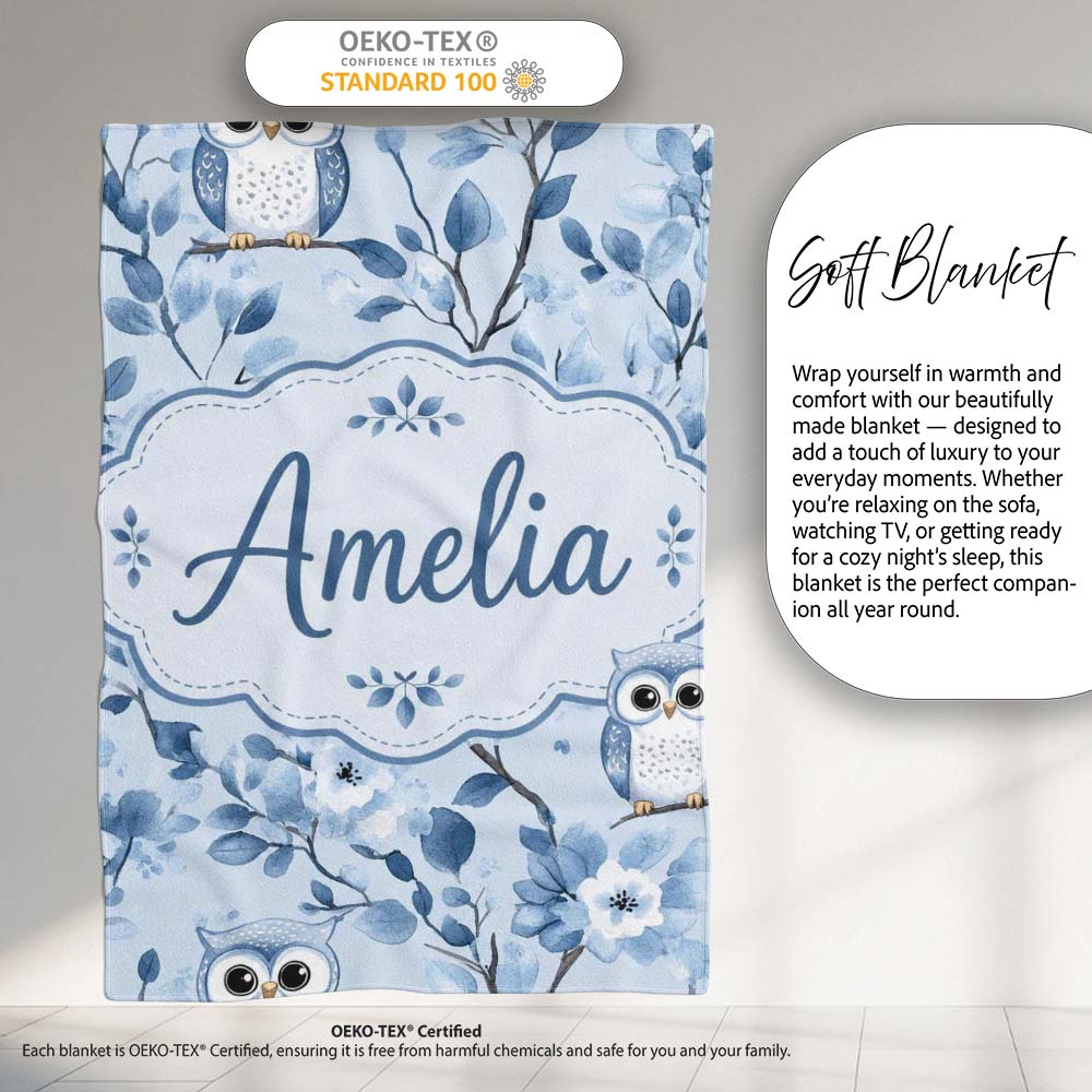 Cute Blue Owl Birds with Floral Branch Background Seamless Pattern  Personalised Custom Name Super Soft Fleece Blanket Bed Sofa Throw
