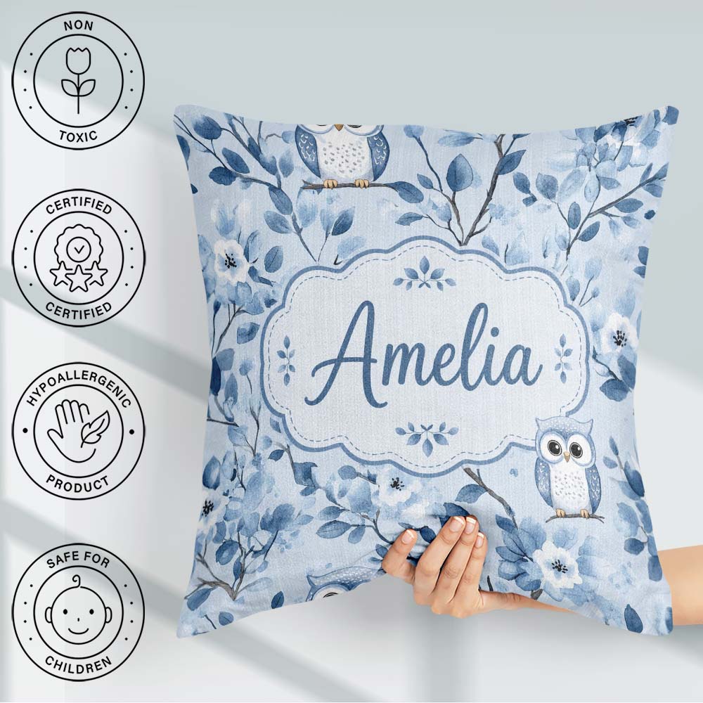 Custom Name Blue Owl Birds with Floral Branch Background Pattern Square Filled Cushion Throw Pillow Sofa Bed Home Decor Zip Washable UK Made