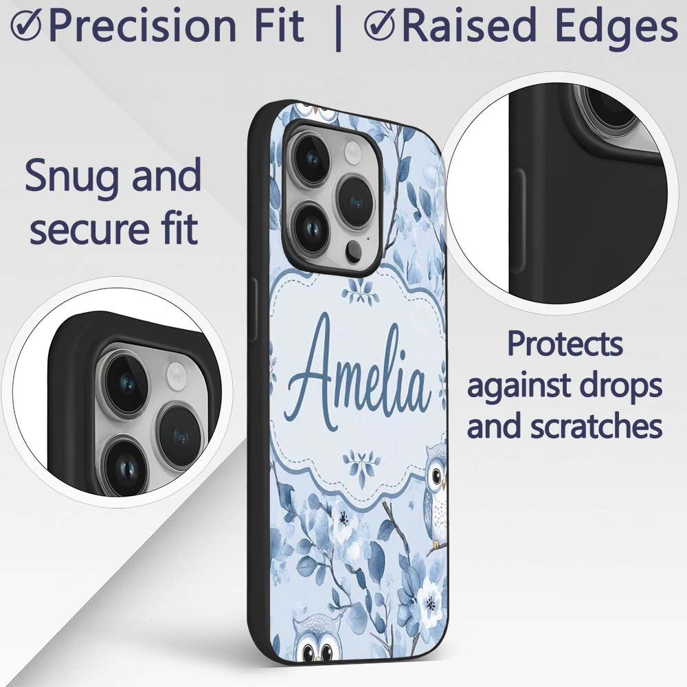 Cute Blue Owl Birds with Floral Branch Background Custom Name Protective Phone Case Mobile Cover Durable Everyday Smartphone Shock Resistant