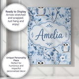 Personalised Name Cute Blue Owl Birds with Custom  Unique Gift Idea Elegant Feature Canvas Wall Art Print Decor Picture Ready to Hang