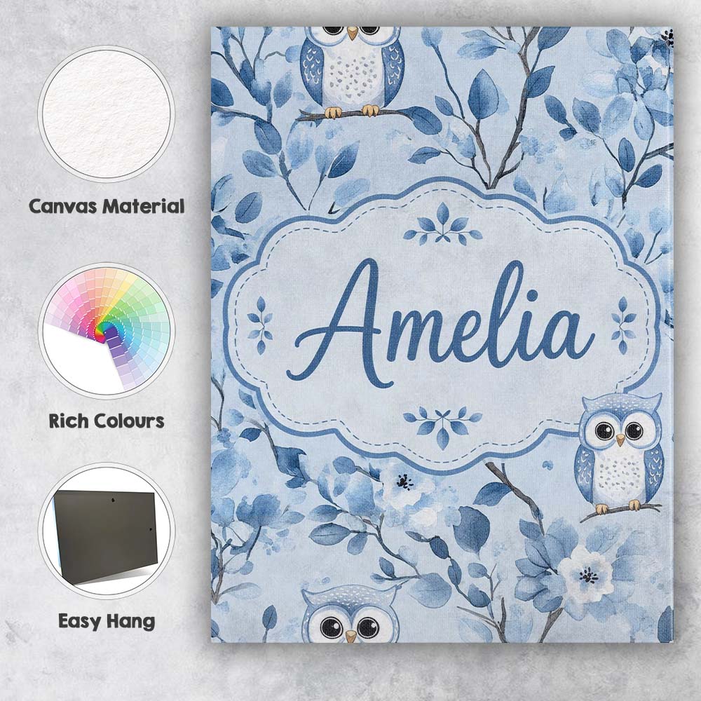 Personalised Name Cute Blue Owl Birds with Custom  Unique Gift Idea Elegant Feature Canvas Wall Art Print Decor Picture Ready to Hang
