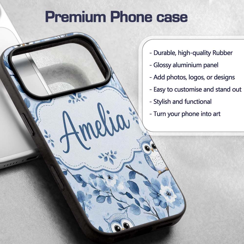 Cute Blue Owl Birds with Floral Branch Background Custom Name Protective Phone Case Mobile Cover Durable Everyday Smartphone Shock Resistant
