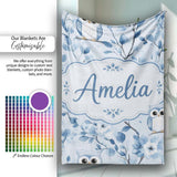 Cute Blue Owl Birds with Floral Branch Background Seamless Pattern  Personalised Custom Name Super Soft Fleece Blanket Bed Sofa Throw