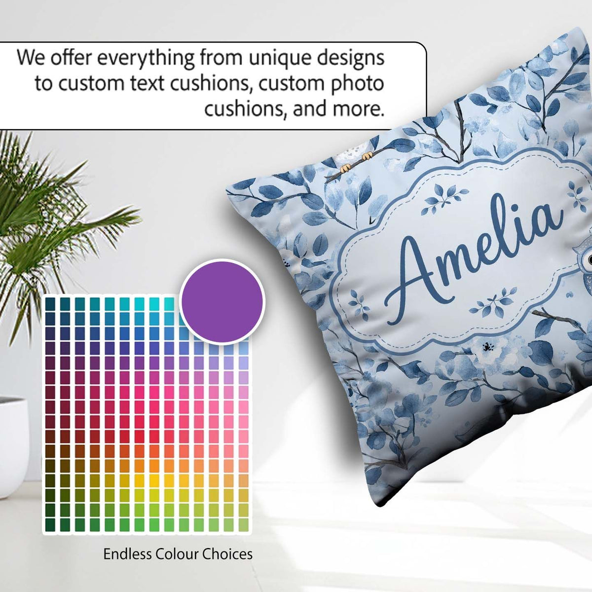 Custom Name Blue Owl Birds with Floral Branch Background Pattern Square Filled Cushion Throw Pillow Sofa Bed Home Decor Zip Washable UK Made