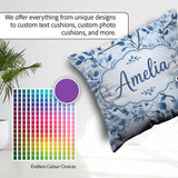 Custom Name Blue Owl Birds with Floral Branch Background Pattern Square Filled Cushion Throw Pillow Sofa Bed Home Decor Zip Washable UK Made