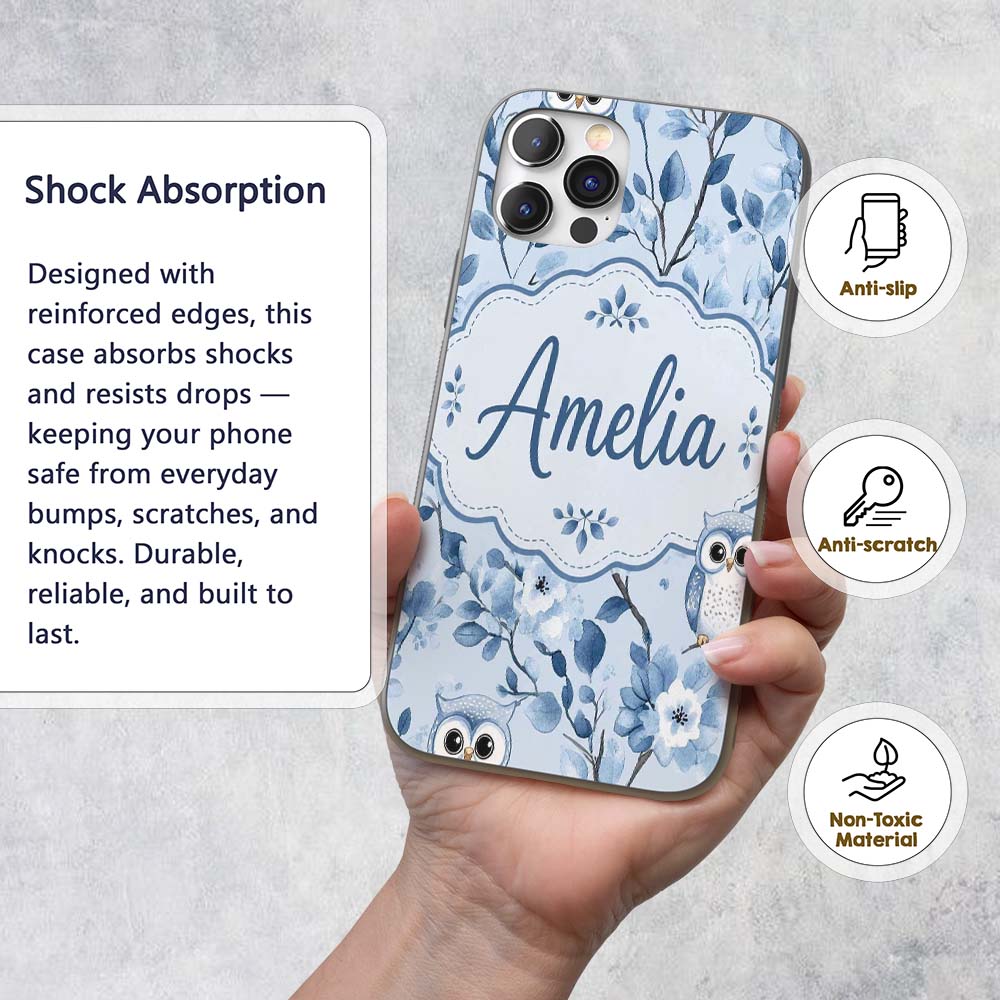Cute Blue Owl Birds with Floral Branch Background Custom Name Protective Phone Case Mobile Cover Durable Everyday Smartphone Shock Resistant