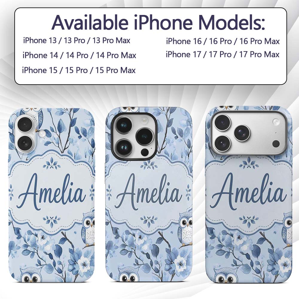 Cute Blue Owl Birds with Floral Branch Background Custom Name Protective Phone Case Mobile Cover Durable Everyday Smartphone Shock Resistant