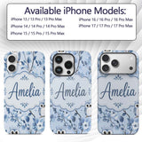 Cute Blue Owl Birds with Floral Branch Background Custom Name Protective Phone Case Mobile Cover Durable Everyday Smartphone Shock Resistant