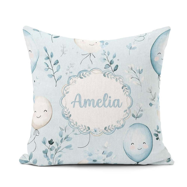 Custom Name Cute Pastel Balloons with Leaves Light Blue Seamless Square Filled Cushion Throw Pillow Sofa Bed Home Decor Zip Washable UK Made