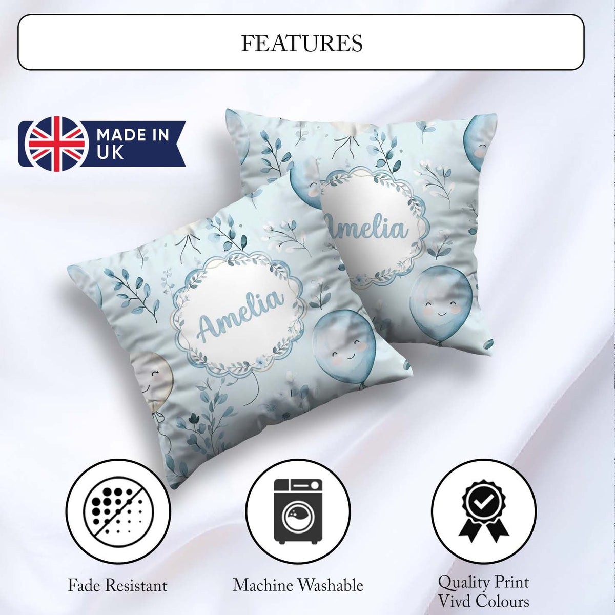 Custom Name Cute Pastel Balloons with Leaves Light Blue Seamless Square Filled Cushion Throw Pillow Sofa Bed Home Decor Zip Washable UK Made