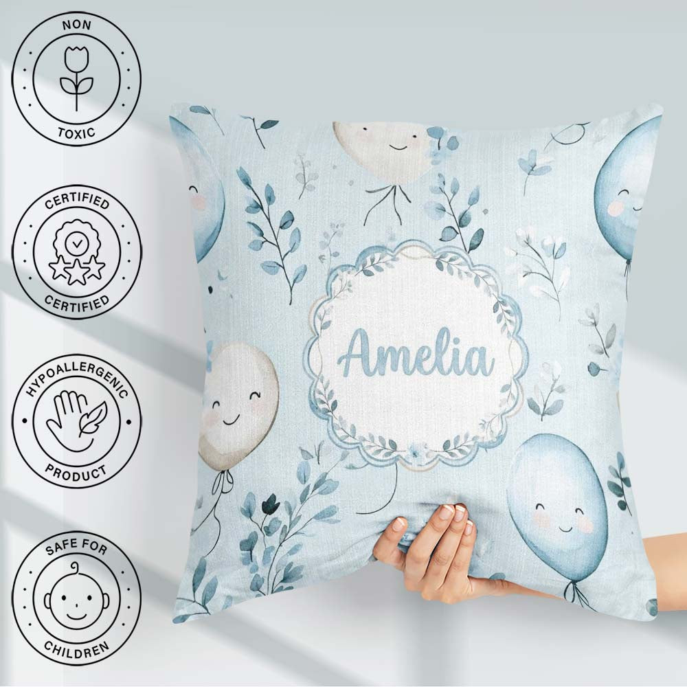 Custom Name Cute Pastel Balloons with Leaves Light Blue Seamless Square Filled Cushion Throw Pillow Sofa Bed Home Decor Zip Washable UK Made