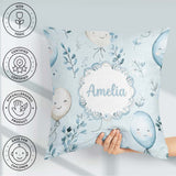 Custom Name Cute Pastel Balloons with Leaves Light Blue Seamless Square Filled Cushion Throw Pillow Sofa Bed Home Decor Zip Washable UK Made