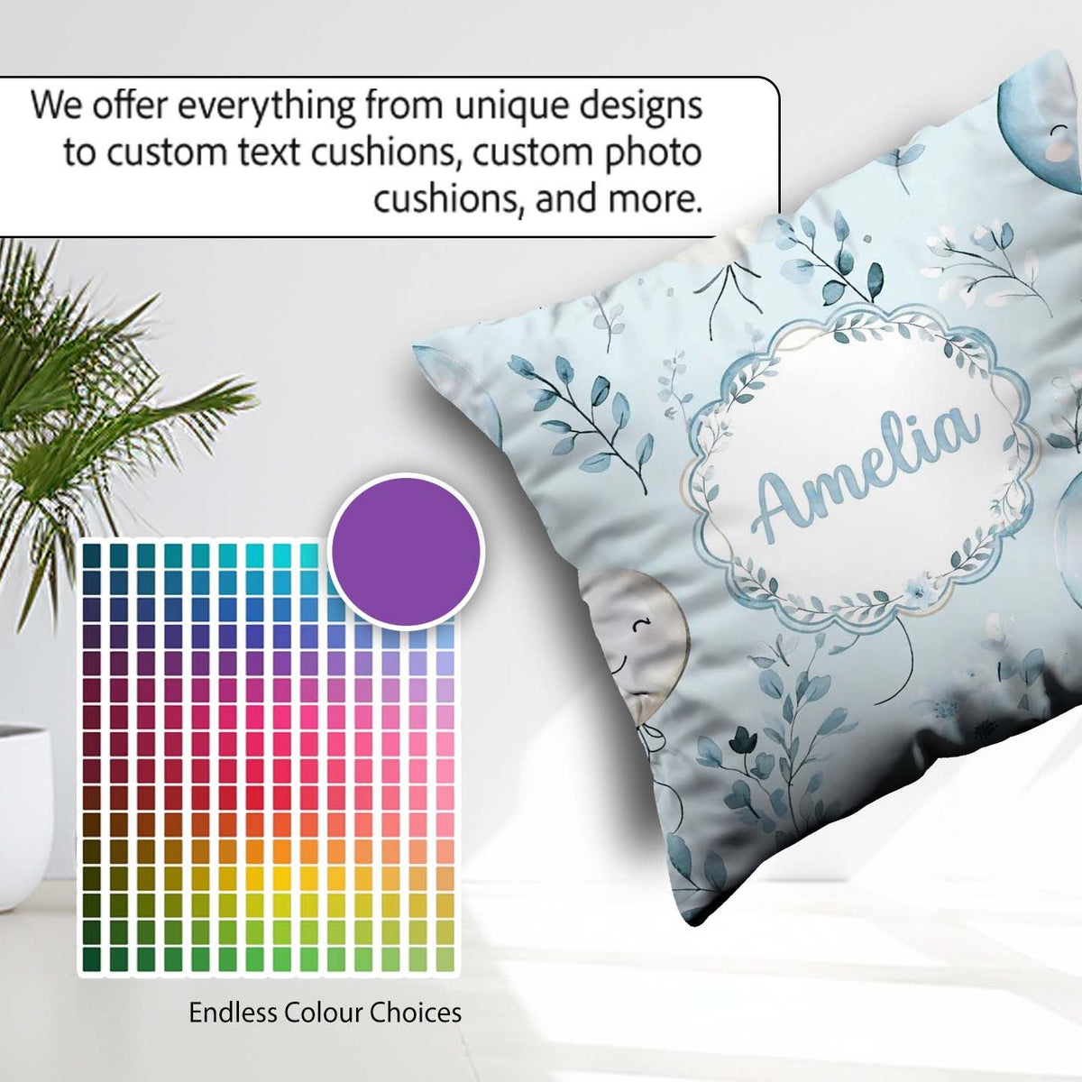 Custom Name Cute Pastel Balloons with Leaves Light Blue Seamless Square Filled Cushion Throw Pillow Sofa Bed Home Decor Zip Washable UK Made