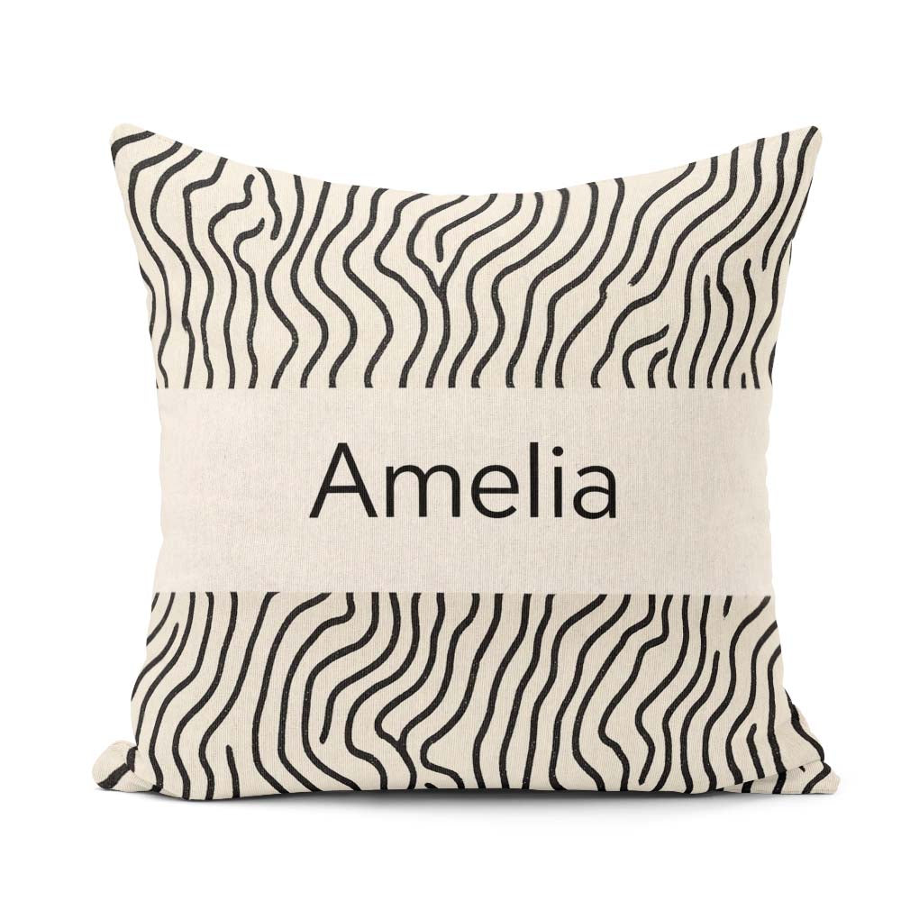 Custom Name Flowing Wavy Lines Black Cream Organic Stripe Lovely Square Filled Cushion Throw Pillow Sofa Bed Home Decor Zip Washable UK Made