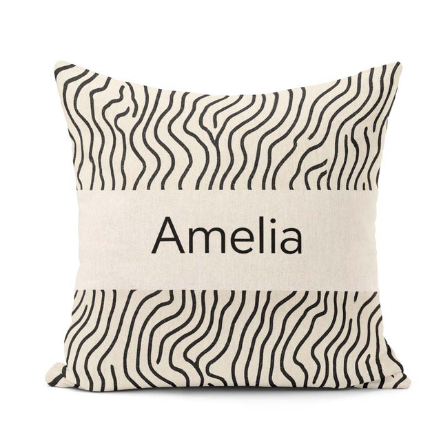 Custom Name Flowing Wavy Lines Black Cream Organic Stripe Lovely Square Filled Cushion Throw Pillow Sofa Bed Home Decor Zip Washable UK Made