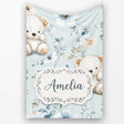 Cute Teddy Bears with Soft Blue Floral Background Seamless Pattern  Personalised Custom Name Super Soft Fleece Blanket Bed Sofa Throw